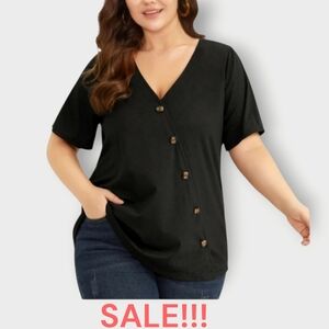 BloomChic, Faux Wrap Tee W/ Buttons, Black, Size Med